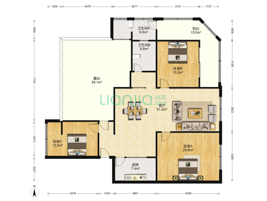 海陵南路1号 3室1厅2卫 162平方