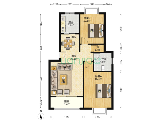 新世纪花园 2室1厅1卫 90平方