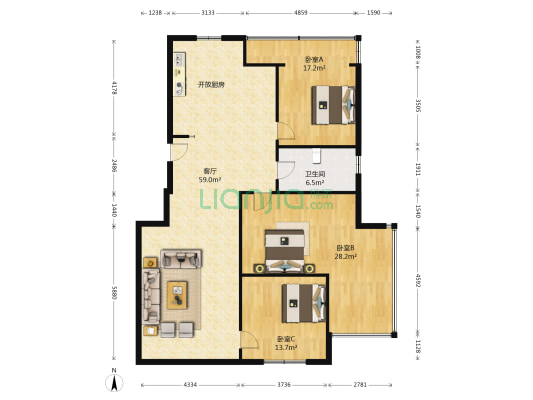 年丰园 3室1厅1卫 143平方
