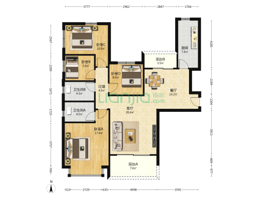 恒大文化旅游城B区 4室2厅2卫 141平方