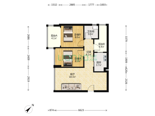 联美新天地 2室1厅1卫 64平方