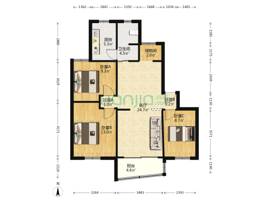 湖山新村 3室1厅1卫 90平方