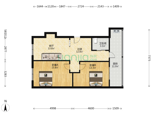 皇城社区 2室1厅1卫 91平方