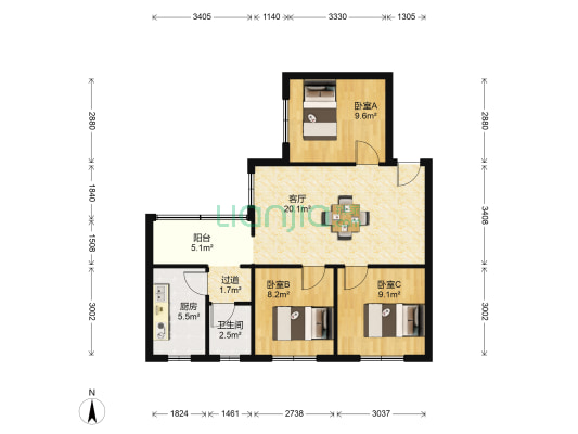 宝圣西路3号 3室1厅1卫 80平方