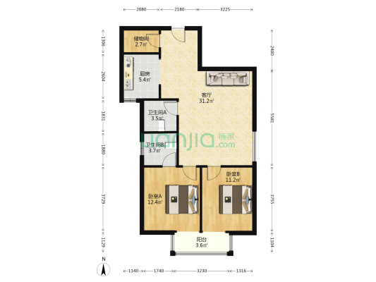 凯旋门全南两居，双卧朝南，全天采光好，业主诚信出售-户型图