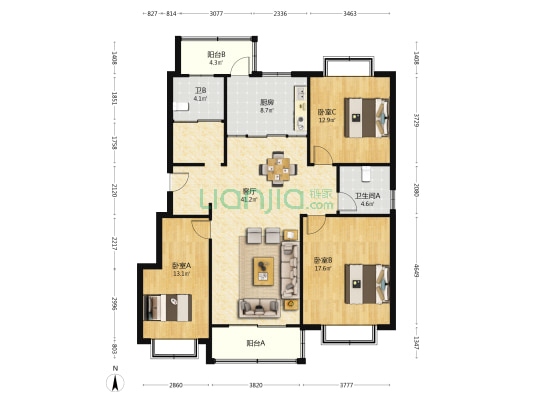 滨江花园 3室1厅2卫 143平方