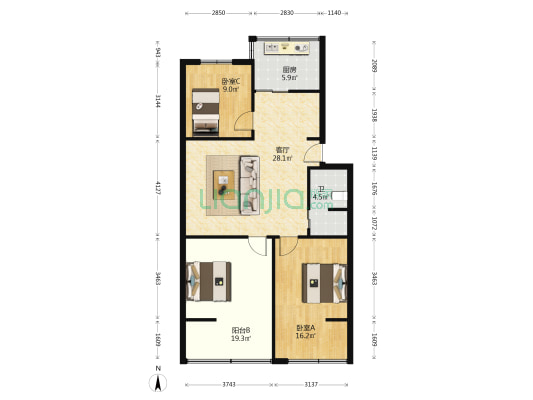 双桥路209号 2室1厅1卫 87平方