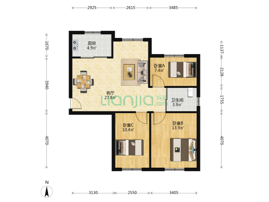 北美公馆 3室1厅1卫 85平方