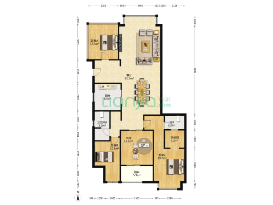 向阳门第 4室1厅2卫 169平方