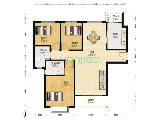 恒大绿洲四期 3室1厅2卫 127平方