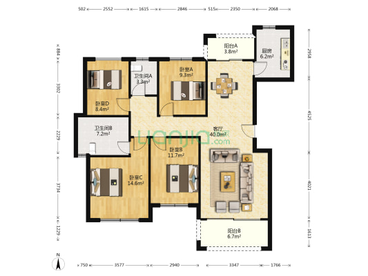 长房梅溪香山 4室1厅2卫 141平方