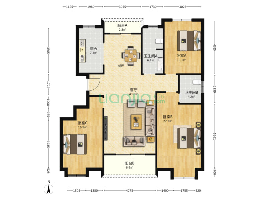 金聚苑 3室1厅2卫 143平方