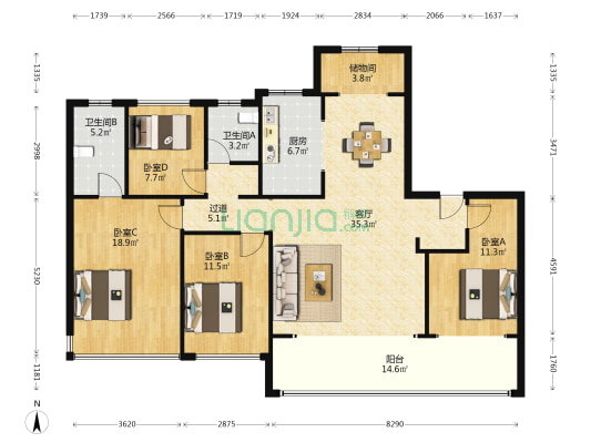 建发天玺 4室1厅2卫 164平方