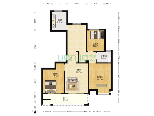 瑶溪住宅区八组团 3室1厅1卫 121平方