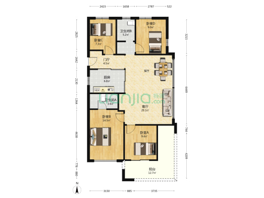 万科城市之光 4室1厅2卫 119平方