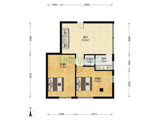 机场路 2室1厅1卫 74平方