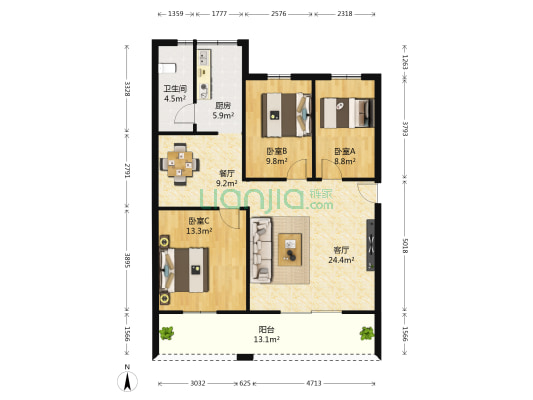 赤尾深华宿舍 3室2厅1卫 90平方