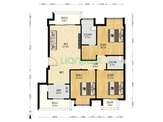 王府井绿洲郡 3室1厅2卫 115平方