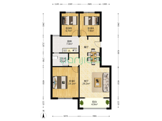 西南海上 3室1厅1卫 90平方