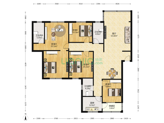 浣花北路6号 4室1厅3卫 168平方