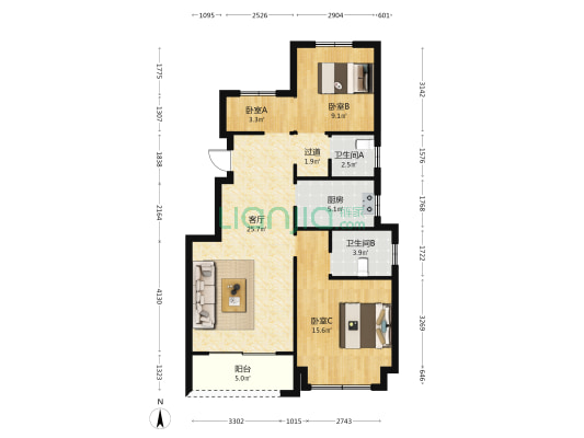 华海德馨园 3室1厅2卫 90平方