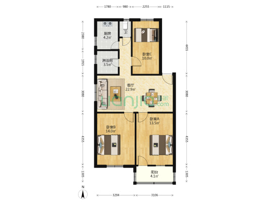 南洋路8号 3室1厅2卫 89平方