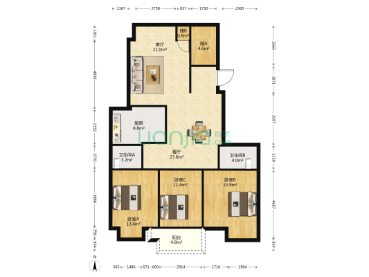 棕榈泉国际花园 3室2厅2卫 131平方