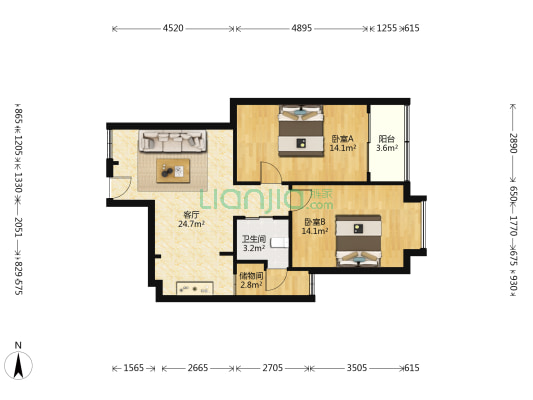 香江公馆 2室1厅1卫 85平方