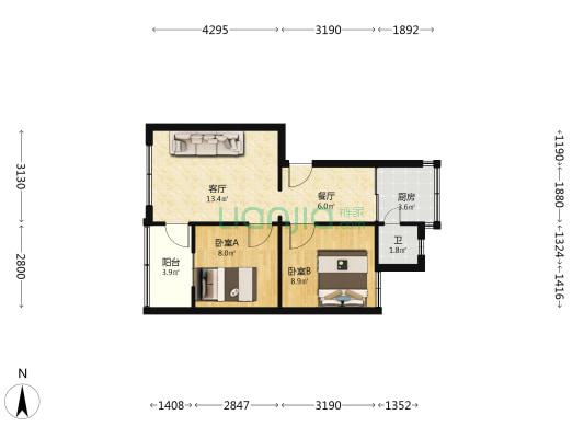 昆明机务段小石坝家属区 2室2厅1卫 46平方