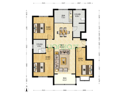 兴宇华府 3室1厅2卫 133平方