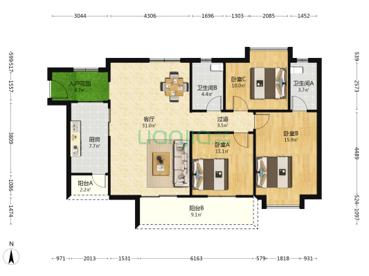 罗岗村南区 3室1厅2卫 121平方