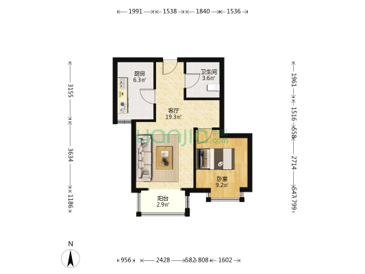 汇源锦城 1室1厅1卫 56平方