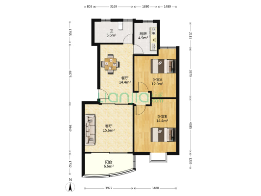淞宏苑 2室2厅1卫 88平方