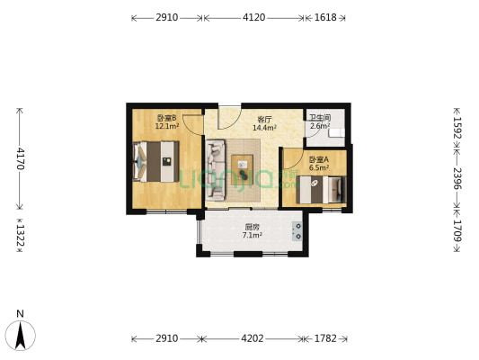 中冶蓝城辛虹园 2室1厅1卫 56平方
