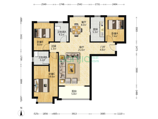 长盛青春汇 3室2厅2卫 115平方