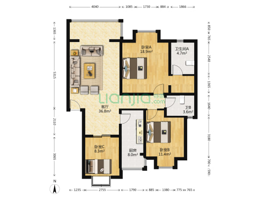 幸福家园 3室1厅2卫 106平方