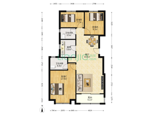 中加风情商业广场 3室1厅2卫 118平方