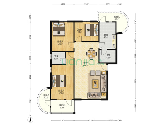 麦地路12号 3室1厅2卫 112平方