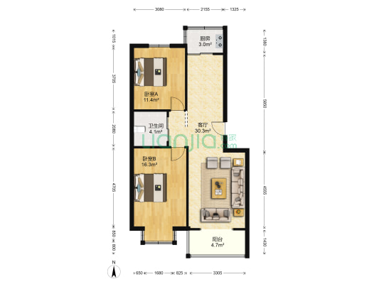亨润世家 2室1厅1卫 89平方