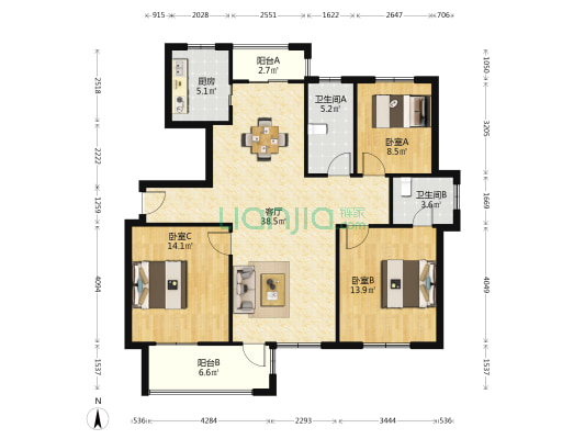 滨湖丽景花园C区 3室1厅2卫 120平方