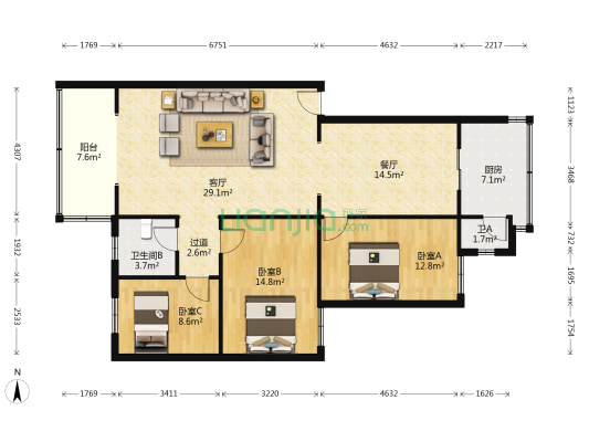 华丽苑 3室2厅2卫 108平方