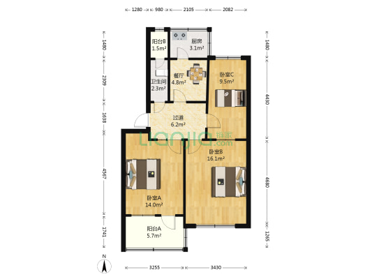一职专宿舍 3室1厅1卫 71平方