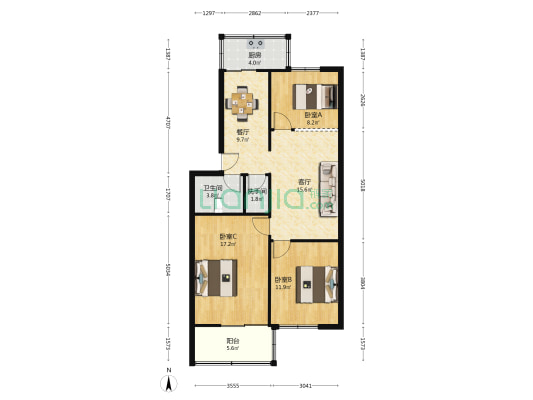 幸福路33号院 3室2厅2卫 86平方