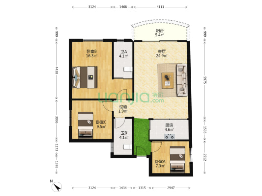桂楹阁 3室1厅2卫 93平方