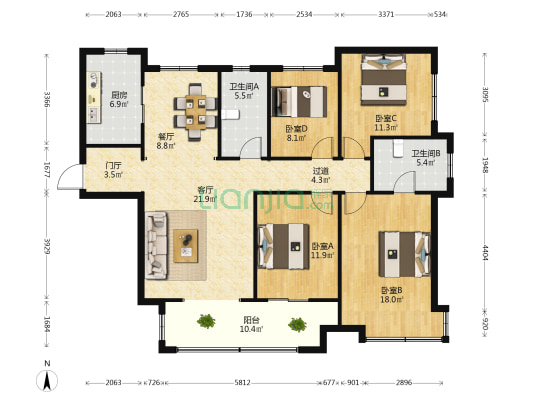 东部美的城 4室2厅2卫 162平方