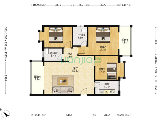 美兰拆迁公司宿舍楼 2室1厅2卫 106平方