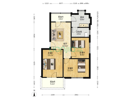 水文宿舍 3室1厅1卫 80平方