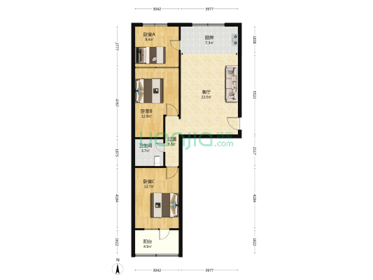 石油北库宿舍 3室1厅1卫 91平方