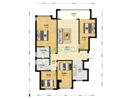 新城公园尚府 4室1厅2卫 128平方