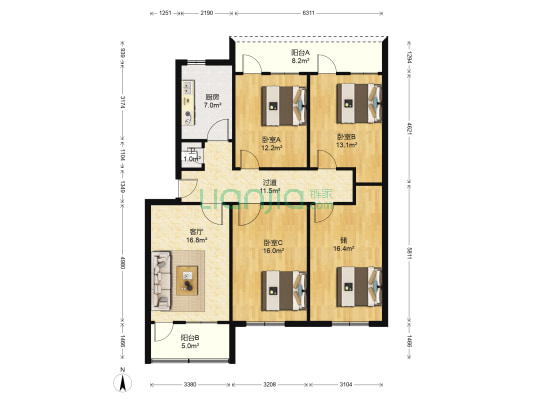 水利水产宿舍 3室1厅1卫 130平方